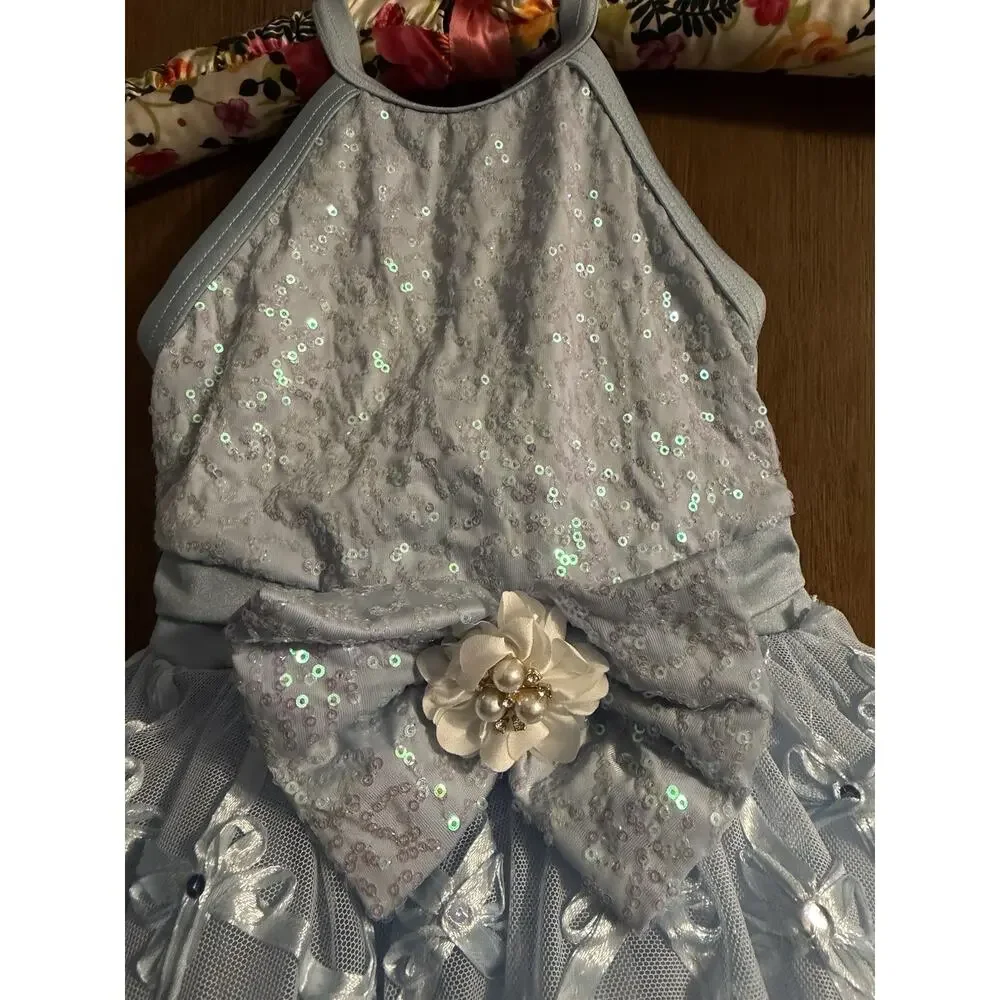 Weissman light blue sequin halter dance costume floral applique SZ XSC TUTU